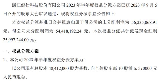 健仕股份2023年半年度权益分派每10股派现537元 共计派发现金红利259972万元PG电子网站 PG电子(图1)